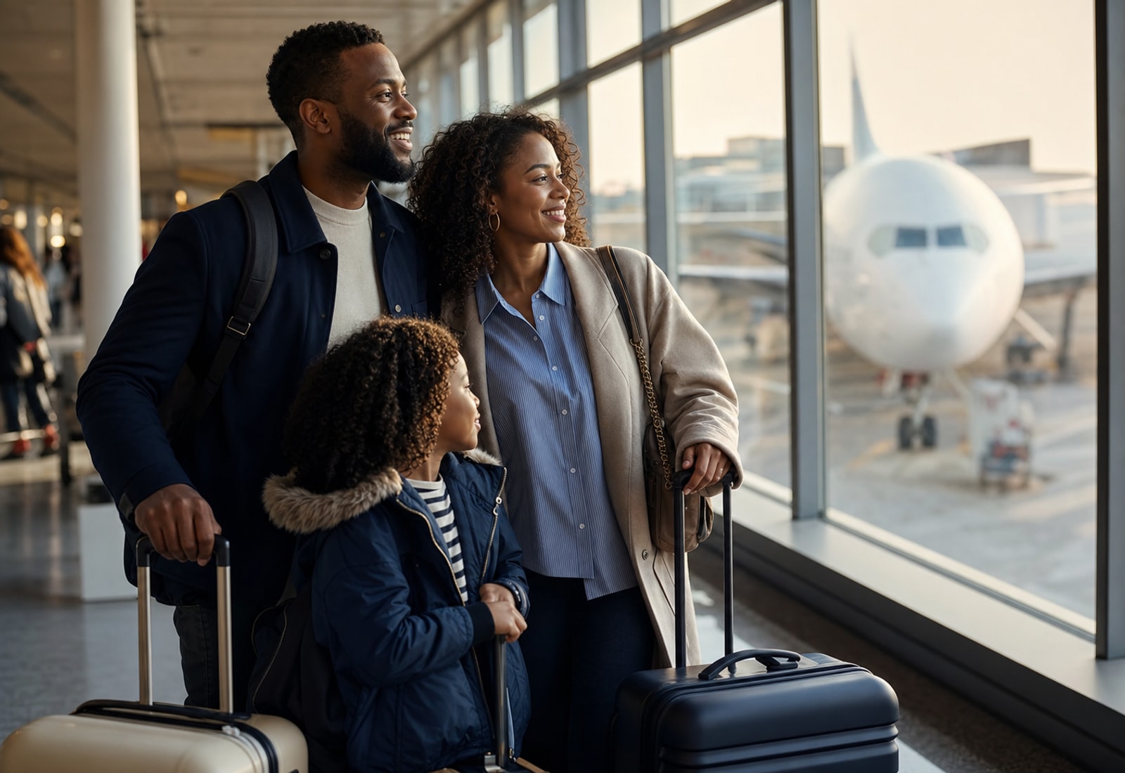 A reassured family with luggage at a bright airport terminal