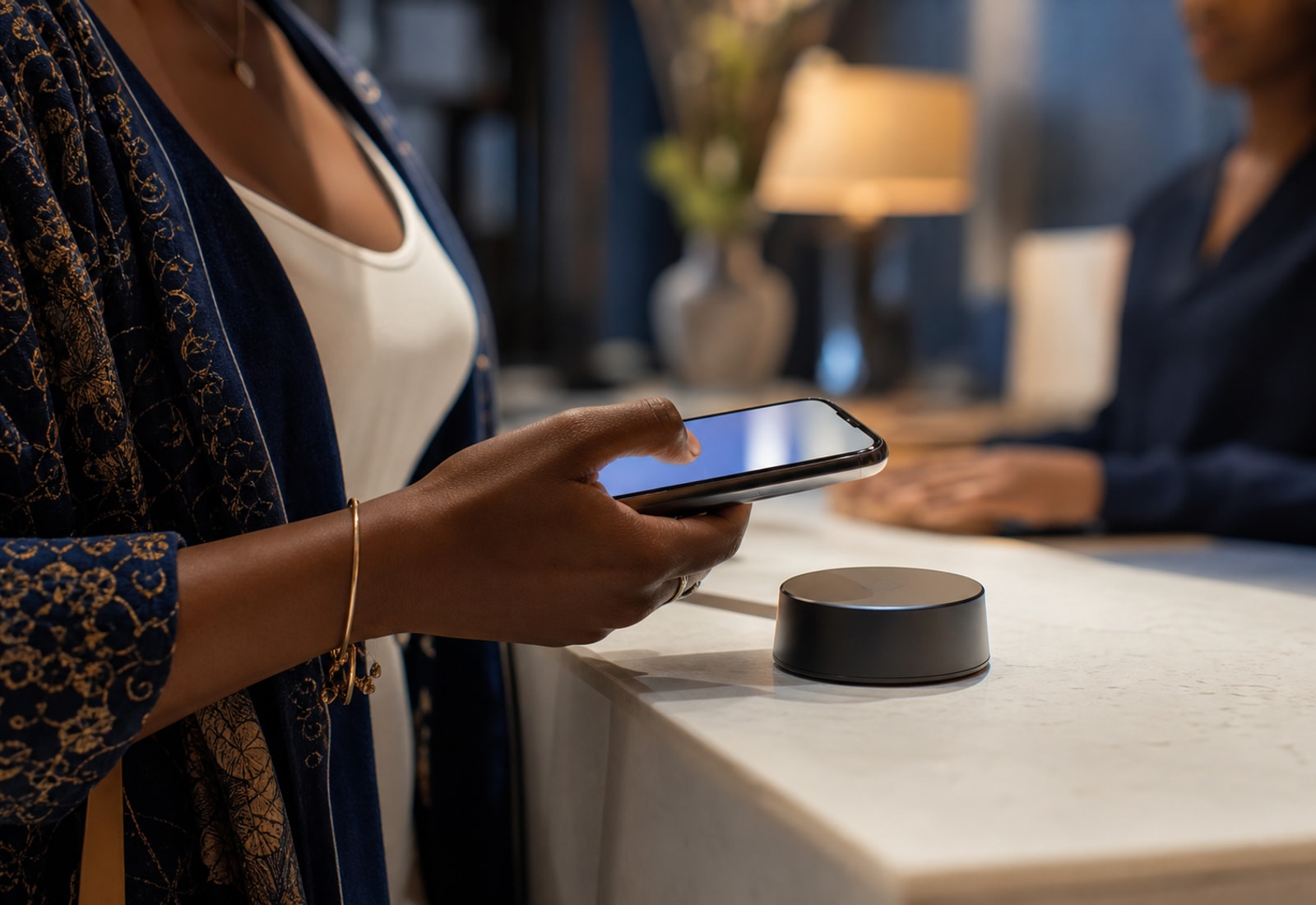 Hands completing a secure contactless payment