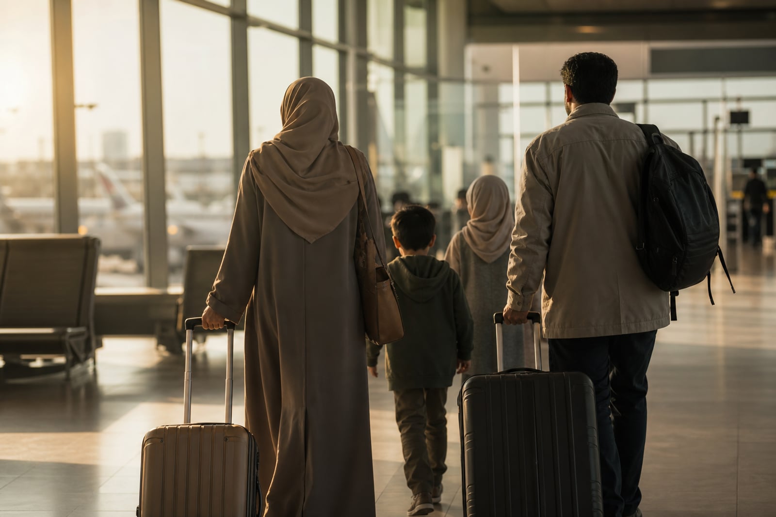 A family preparing calmly for Umrah travel